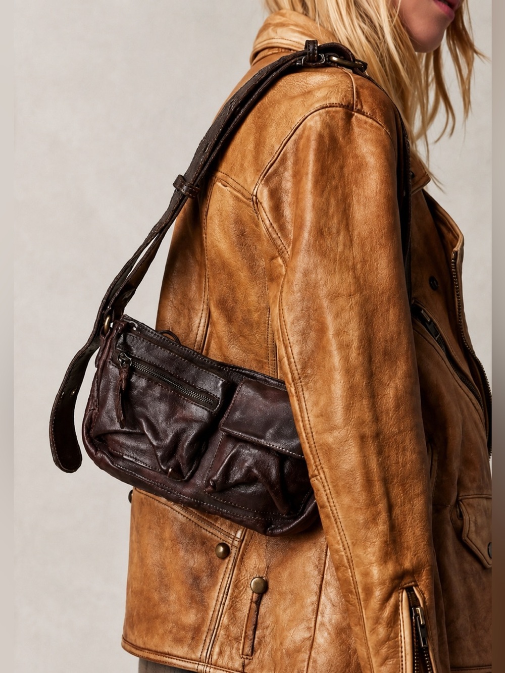 Free People Dark Cognac Wade Leather Sling Bag